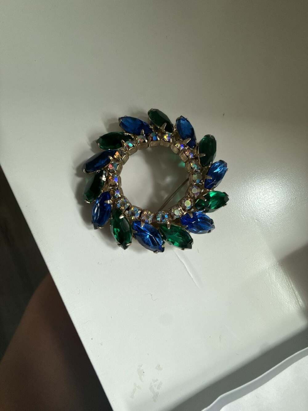 Vintage Mid-Century Blue and Green Navette Rhinestone Wreath Brooch - Picture 2 of 4